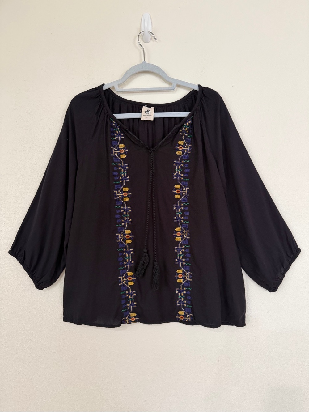 Black Embroidered V-Neck Peasant Blouse viscose tassel  T125
